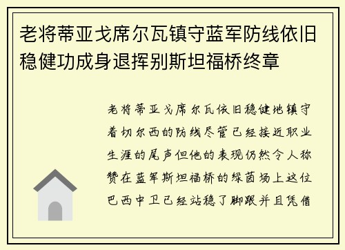 老将蒂亚戈席尔瓦镇守蓝军防线依旧稳健功成身退挥别斯坦福桥终章 老将蒂亚戈席尔瓦镇守蓝军防线依旧稳健功成身退挥别斯坦福桥终章