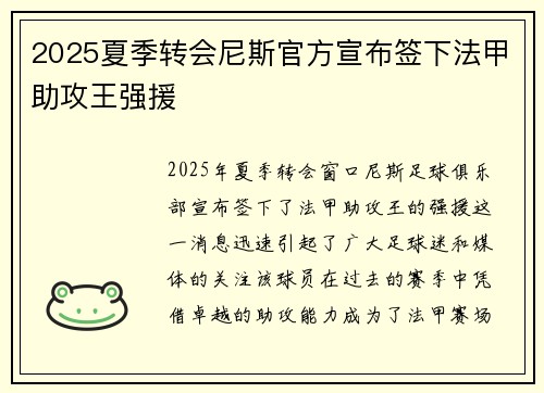 2025夏季转会尼斯官方宣布签下法甲助攻王强援 2025夏季转会尼斯官方宣布签下法甲助攻王强援